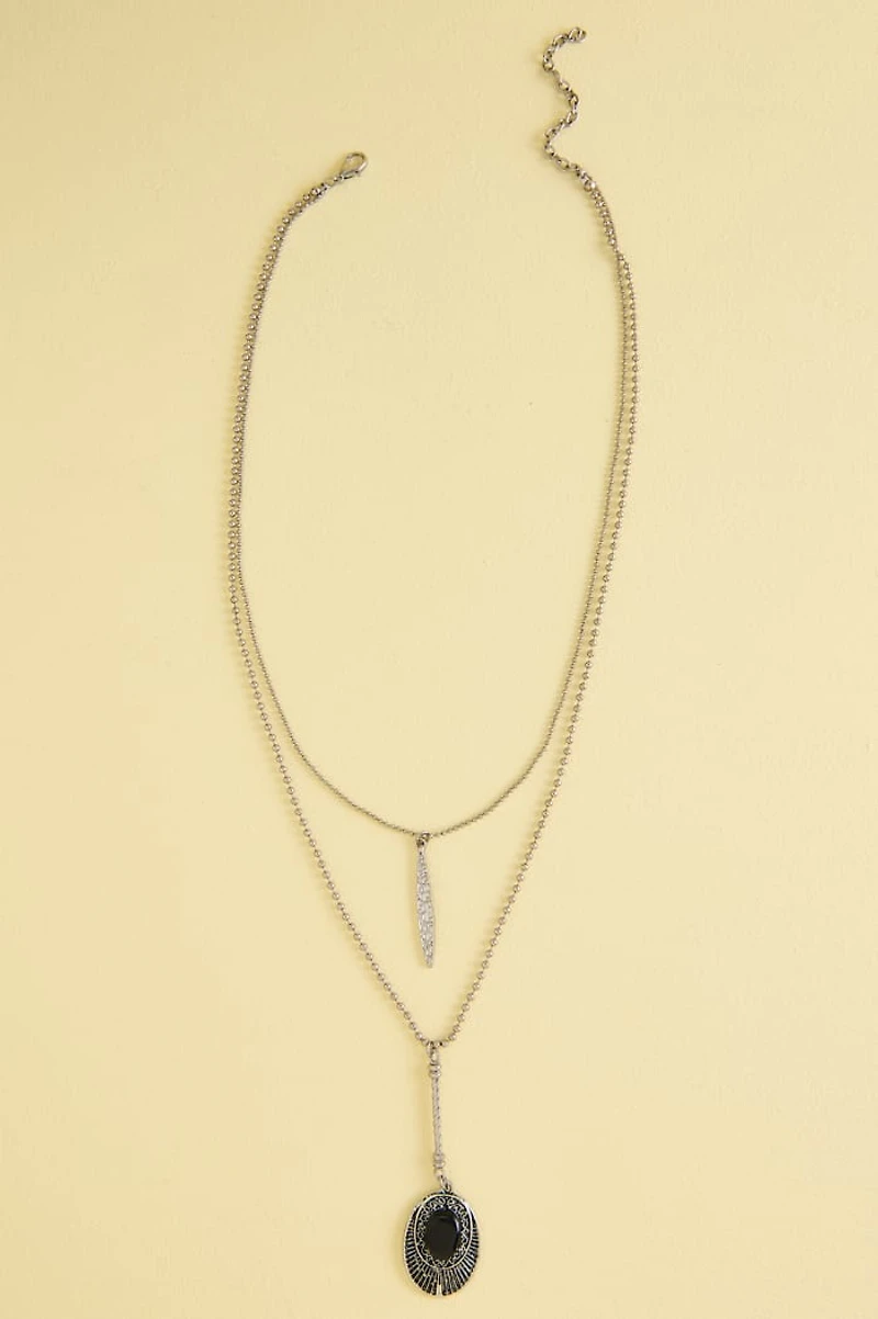 Black Faux Stone Oval Feather Lariat Necklace