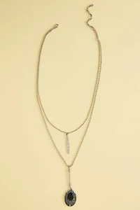 Black Faux Stone Oval Feather Lariat Necklace