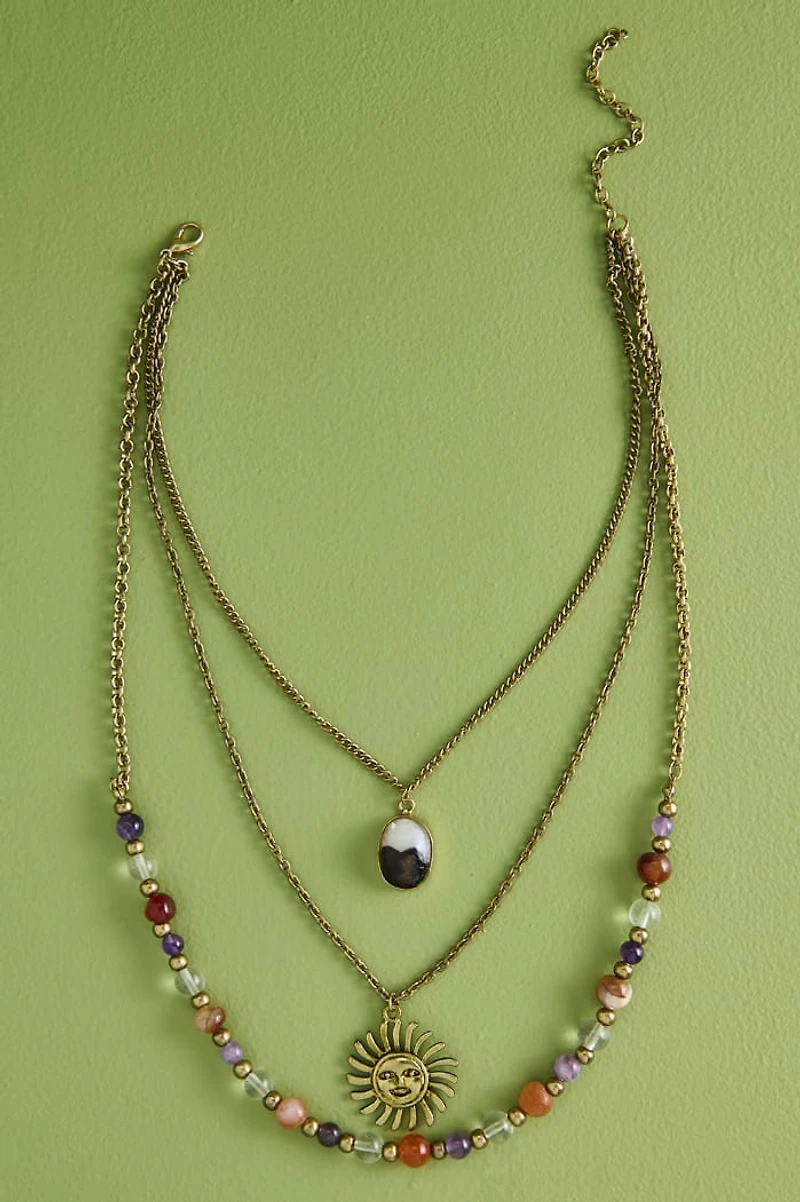 Buy Gold Multi Stone Sun Pendant Triple Layered Necklace Online at Earthbound Trading