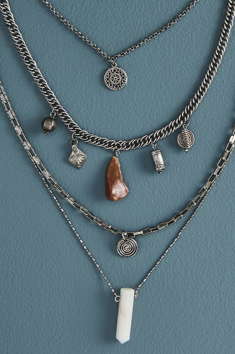 Silver Multi Stone Circle Swirl Layered Necklace