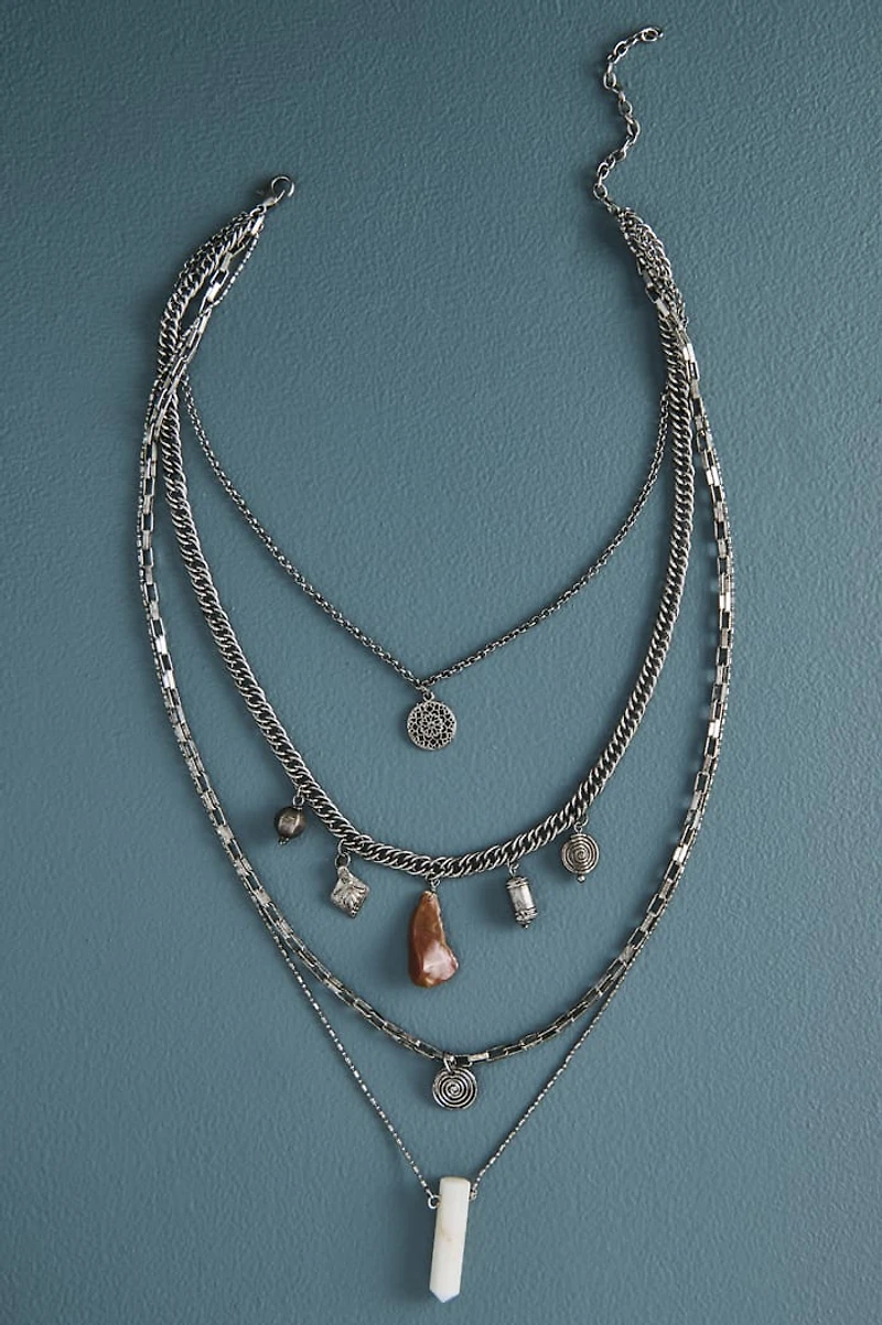 Silver Multi Stone Circle Swirl Layered Necklace