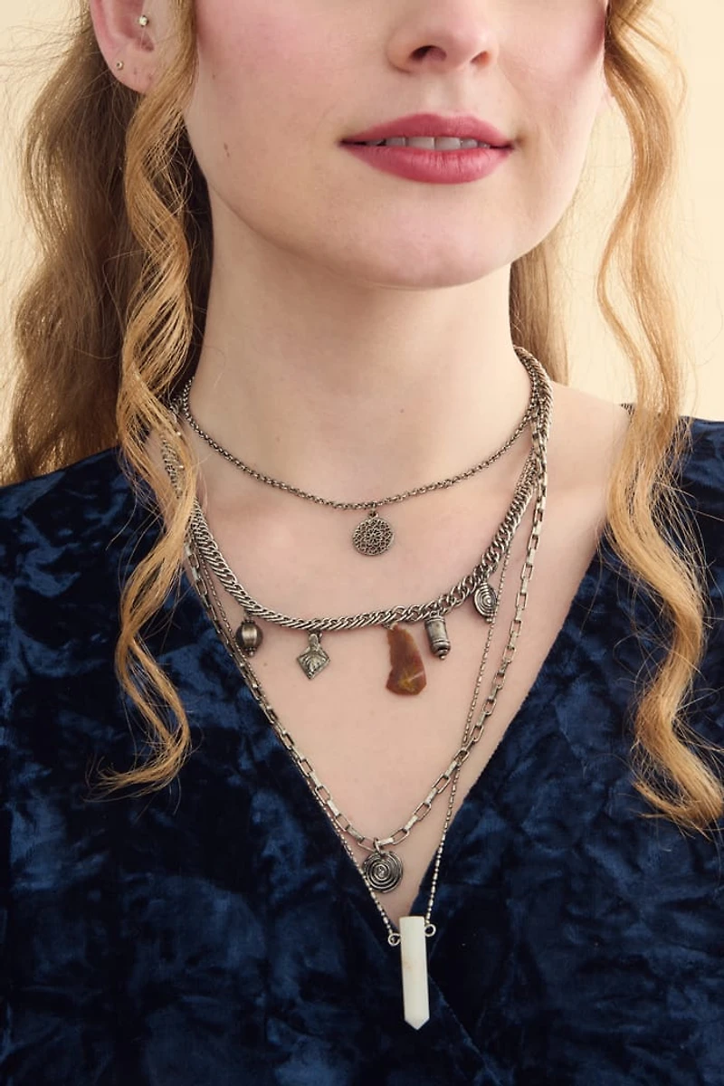 Silver Multi Stone Circle Swirl Layered Necklace