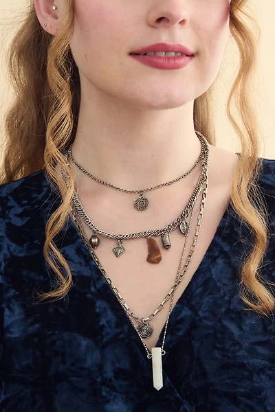 Silver Multi Stone Circle Swirl Layered Necklace