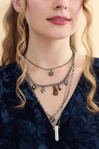 Silver Multi Stone Circle Swirl Layered Necklace