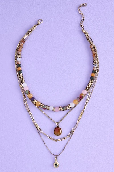 Gold Multi Stone Oval Love Message Layered Necklace