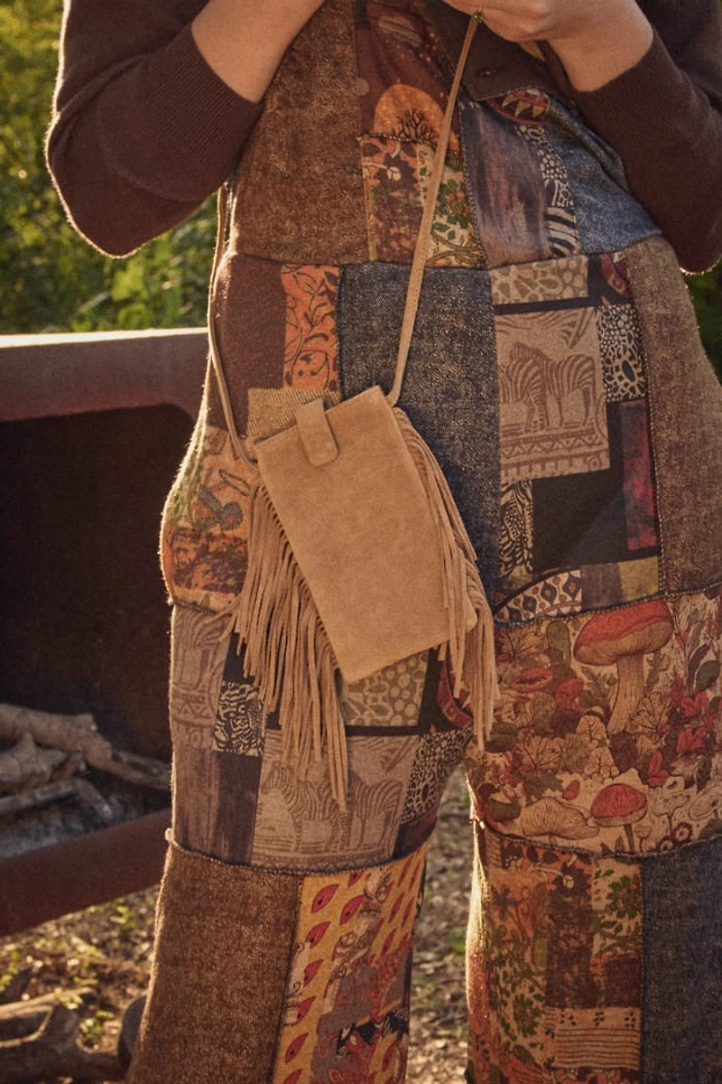 Brown Suede Fringe Mini Phone Crossbody Bag