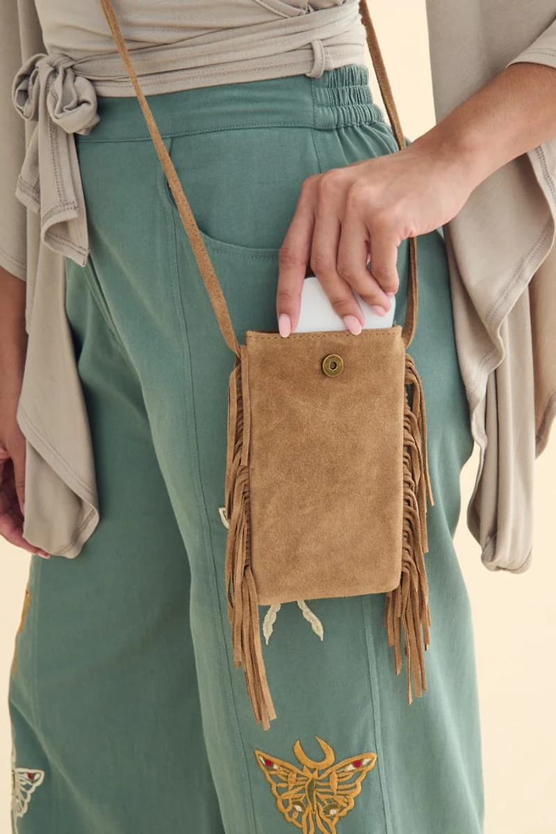 Brown Suede Fringe Mini Phone Crossbody Bag