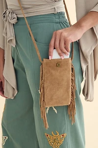 Brown Suede Fringe Mini Phone Crossbody Bag