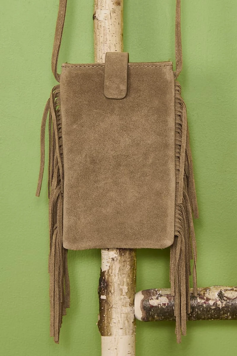 Brown Suede Fringe Mini Phone Crossbody Bag