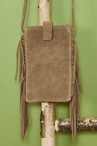 Brown Suede Fringe Mini Phone Crossbody Bag