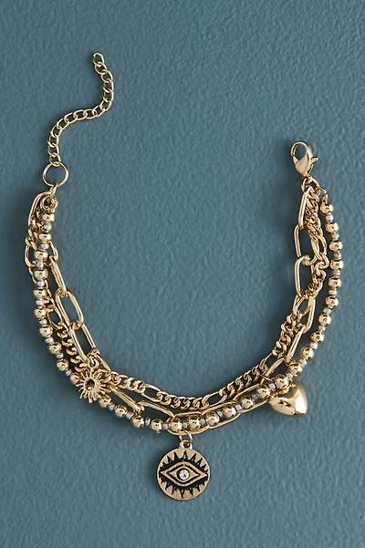 Gold Mystic Eye Puffy Heart Layered Bracelet