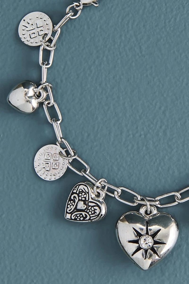 Silver Puffy Heart Coin Charm Bracelet