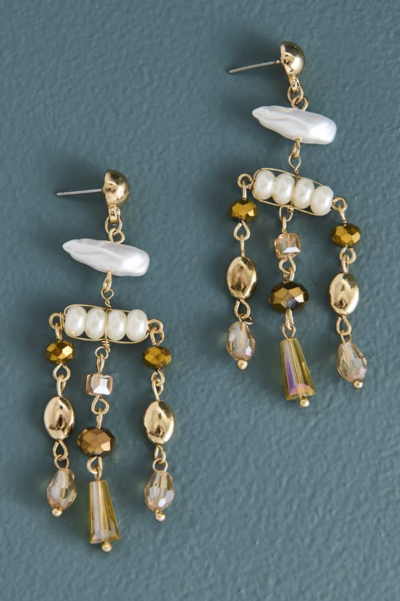 Green Aventurine Faux Pearl Chandelier Earrings
