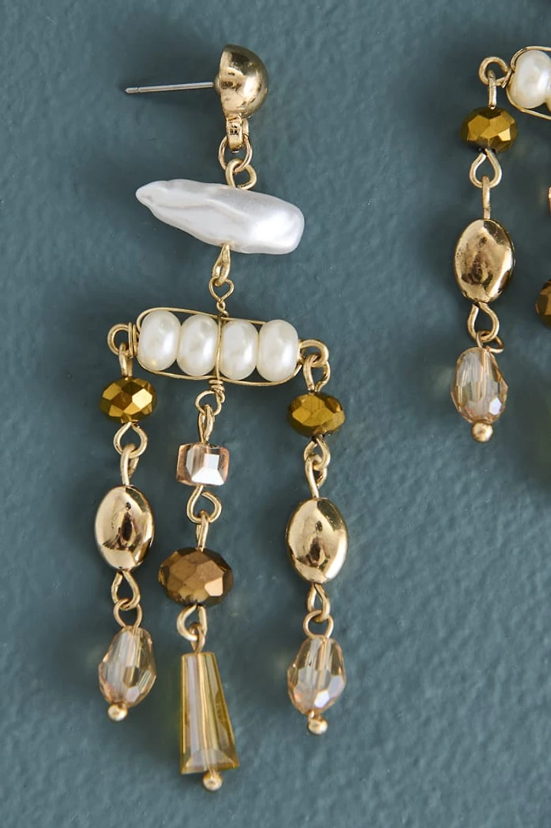 Green Aventurine Faux Pearl Chandelier Earrings