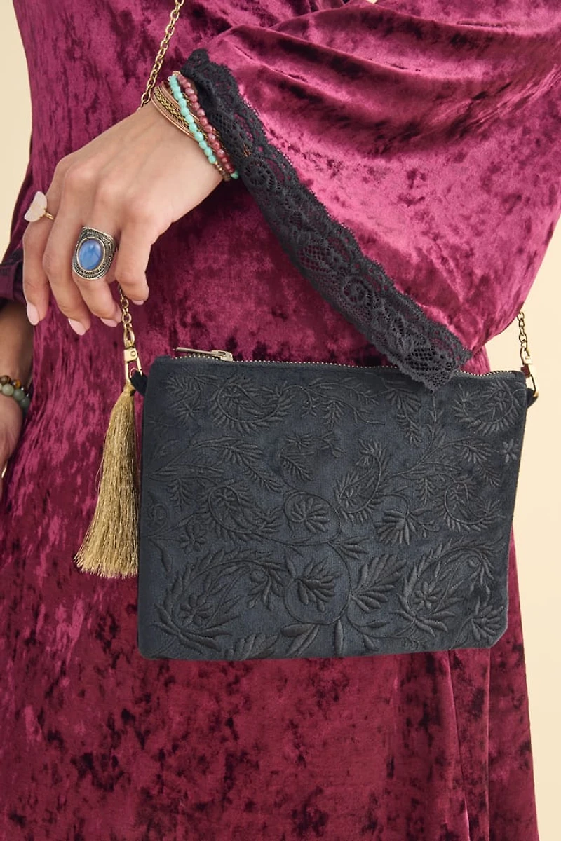 Velvet Paisley Embroidered Convertible Crossbody Bag