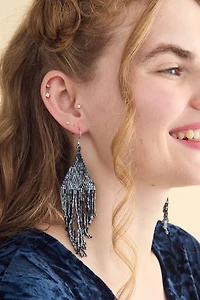 Blue Beaded Fringe Earrings