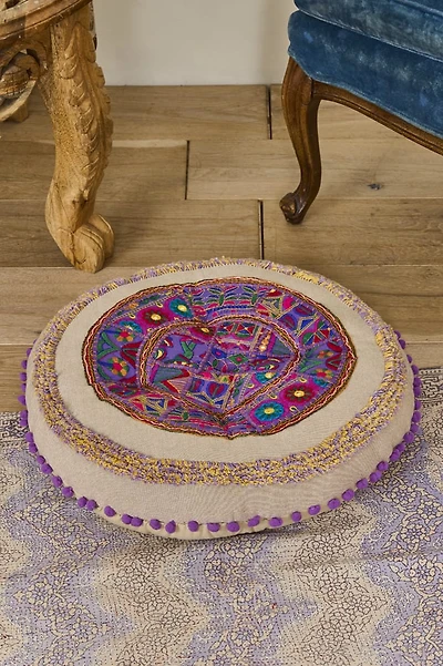 Ornate Purple Pom Meditation Pouf