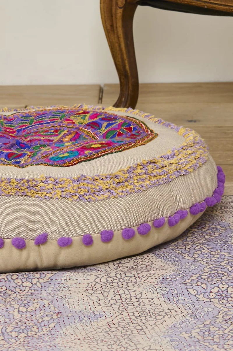 Ornate Purple Pom Meditation Pouf