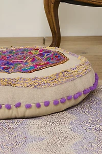 Ornate Purple Pom Meditation Pouf