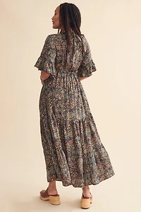 Navy Paisley Sari Ruffle Tiered Maxi Dress