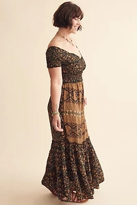 Orange Buds Off Shoulder Wrap Maxi Dress