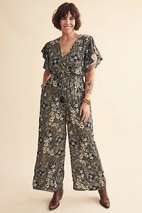 Floral Navy Flutter Sleeve Sari Jumpsuit
