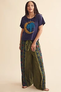 Green Floral Embroidery Faux Wrap Pants