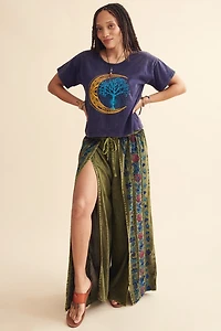 Green Floral Embroidery Faux Wrap Pants
