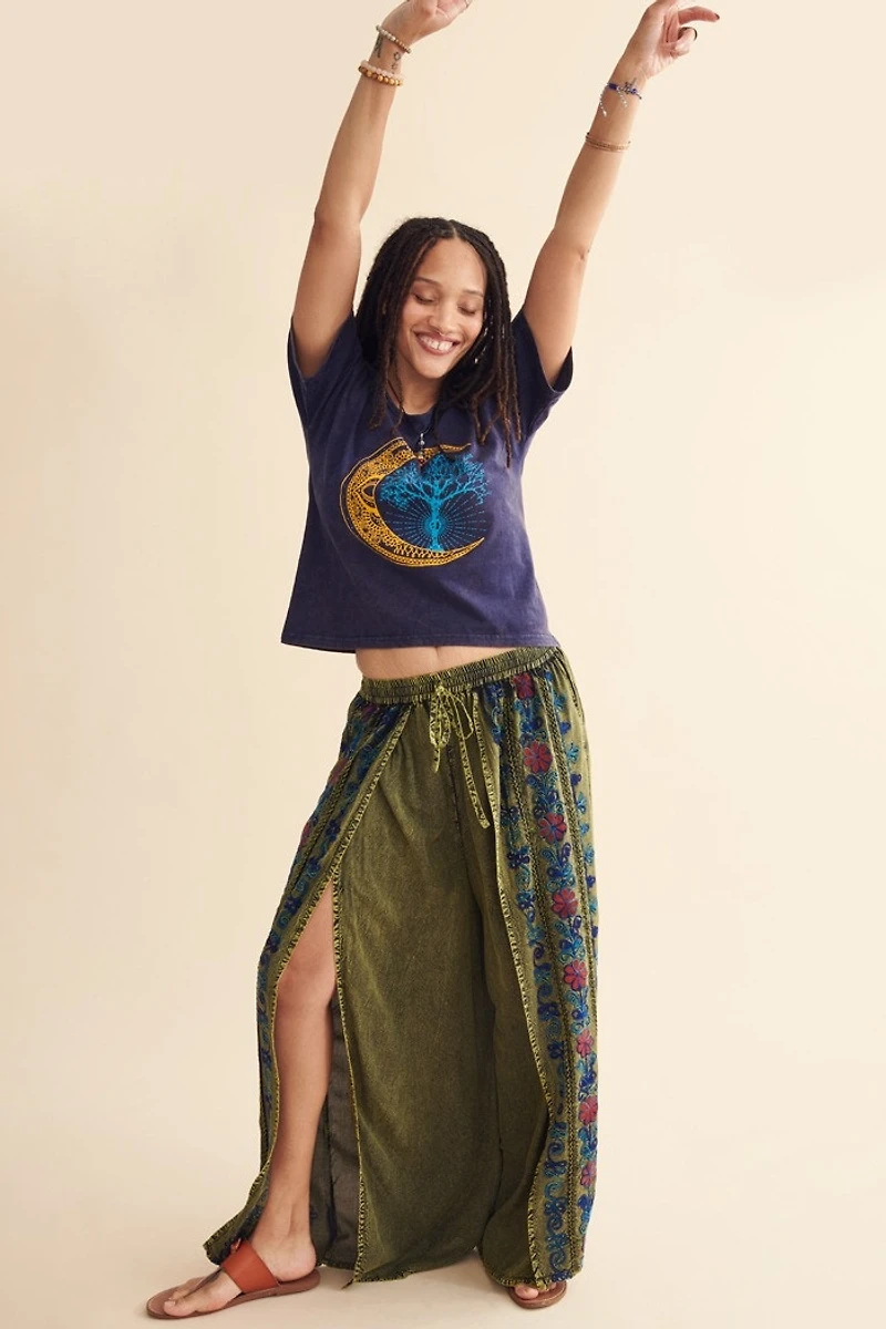 Green Floral Embroidery Faux Wrap Pants