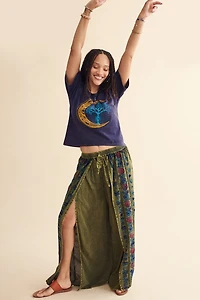 Green Floral Embroidery Faux Wrap Pants