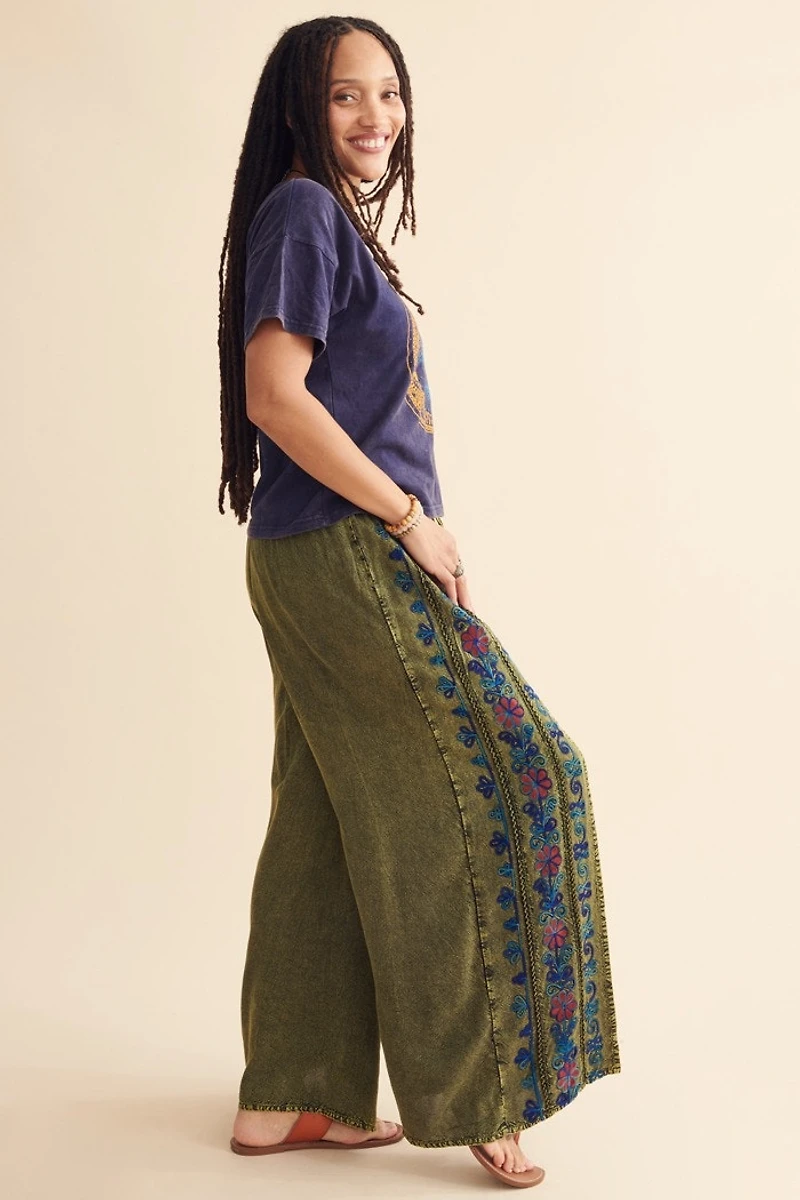 Green Floral Embroidery Faux Wrap Pants