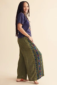 Green Floral Embroidery Faux Wrap Pants