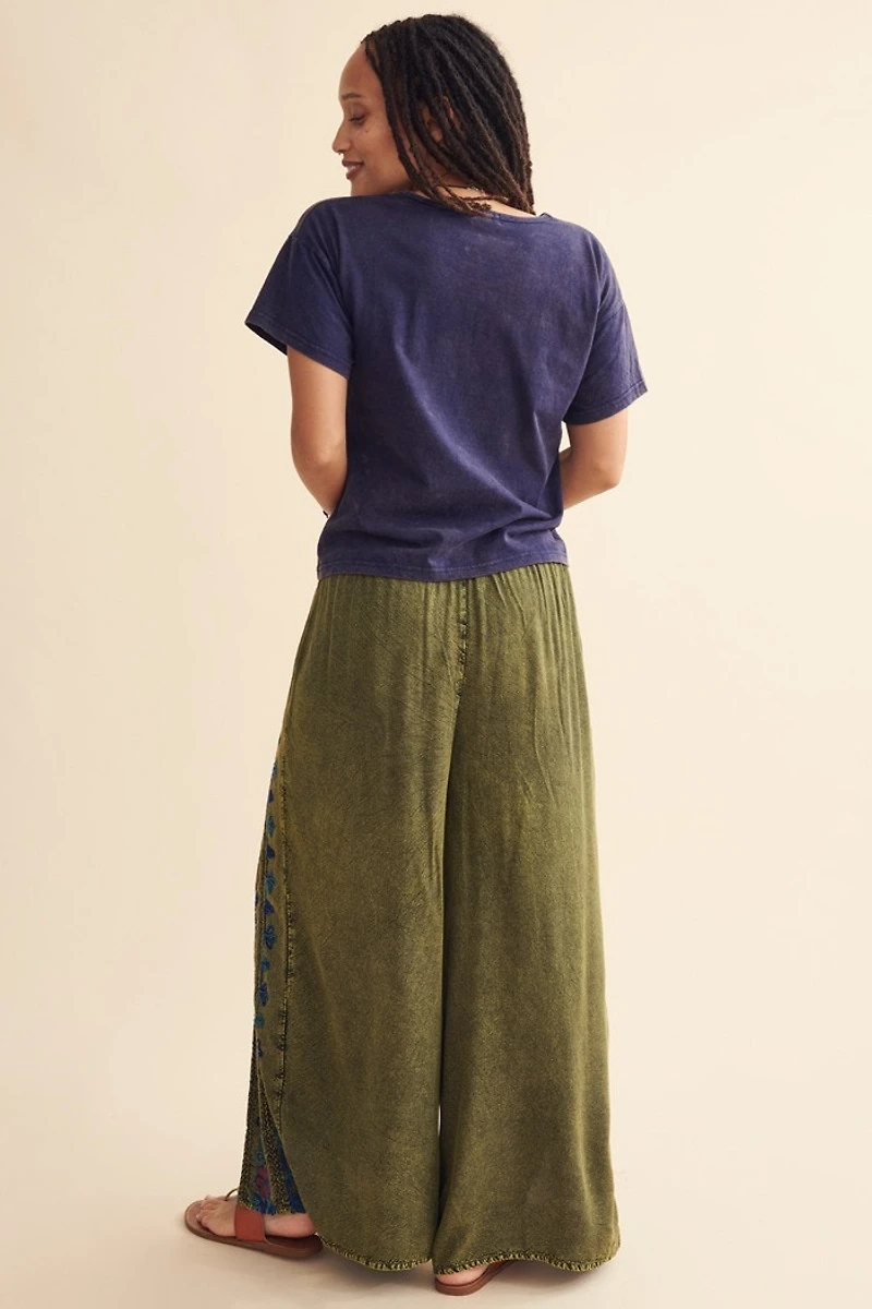 Green Floral Embroidery Faux Wrap Pants