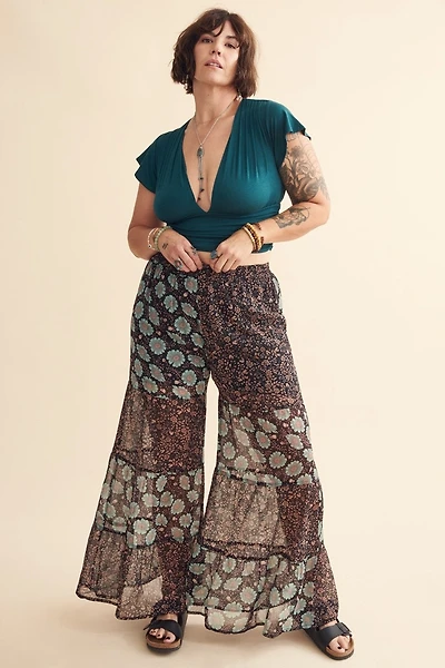Blue Floral Patchwork Semi-Sheer Flare Pants
