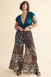 Blue Floral Patchwork Semi-Sheer Flare Pants
