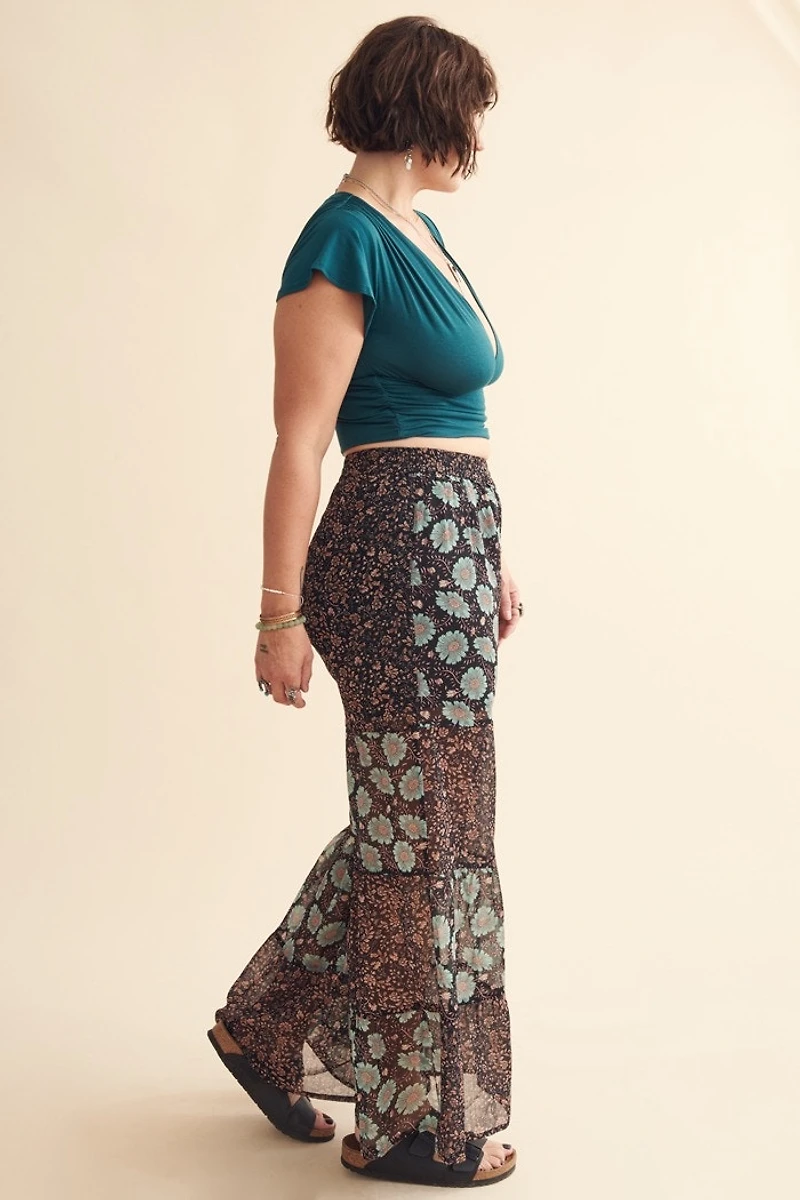 Blue Floral Patchwork Semi-Sheer Flare Pants