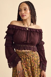 Wine Lace Princess Sleeve Cropped Top