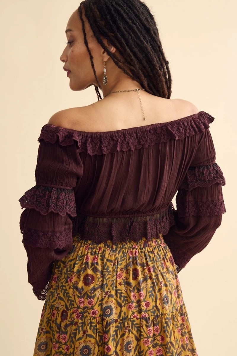 Wine Lace Princess Sleeve Cropped Top