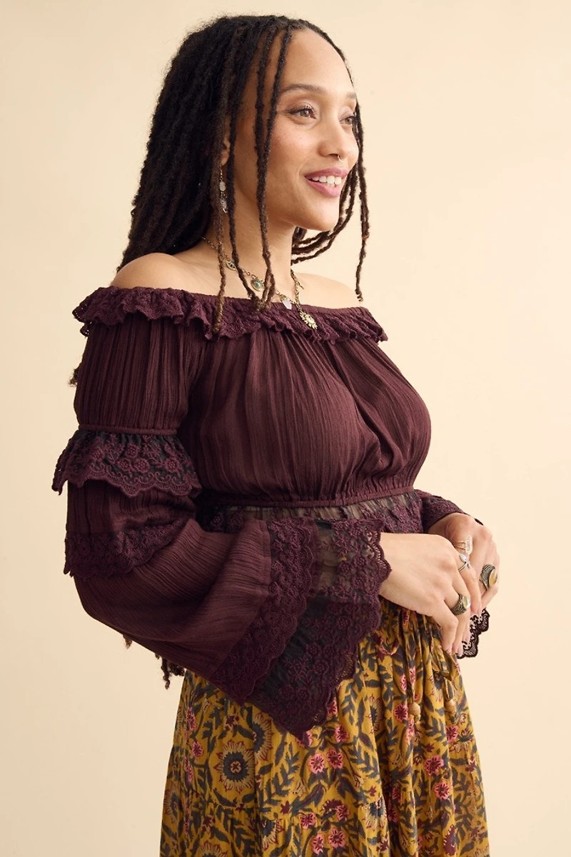Wine Lace Princess Sleeve Cropped Top