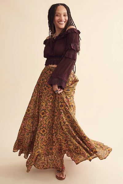 Golden Floral Tiered Maxi Skirt