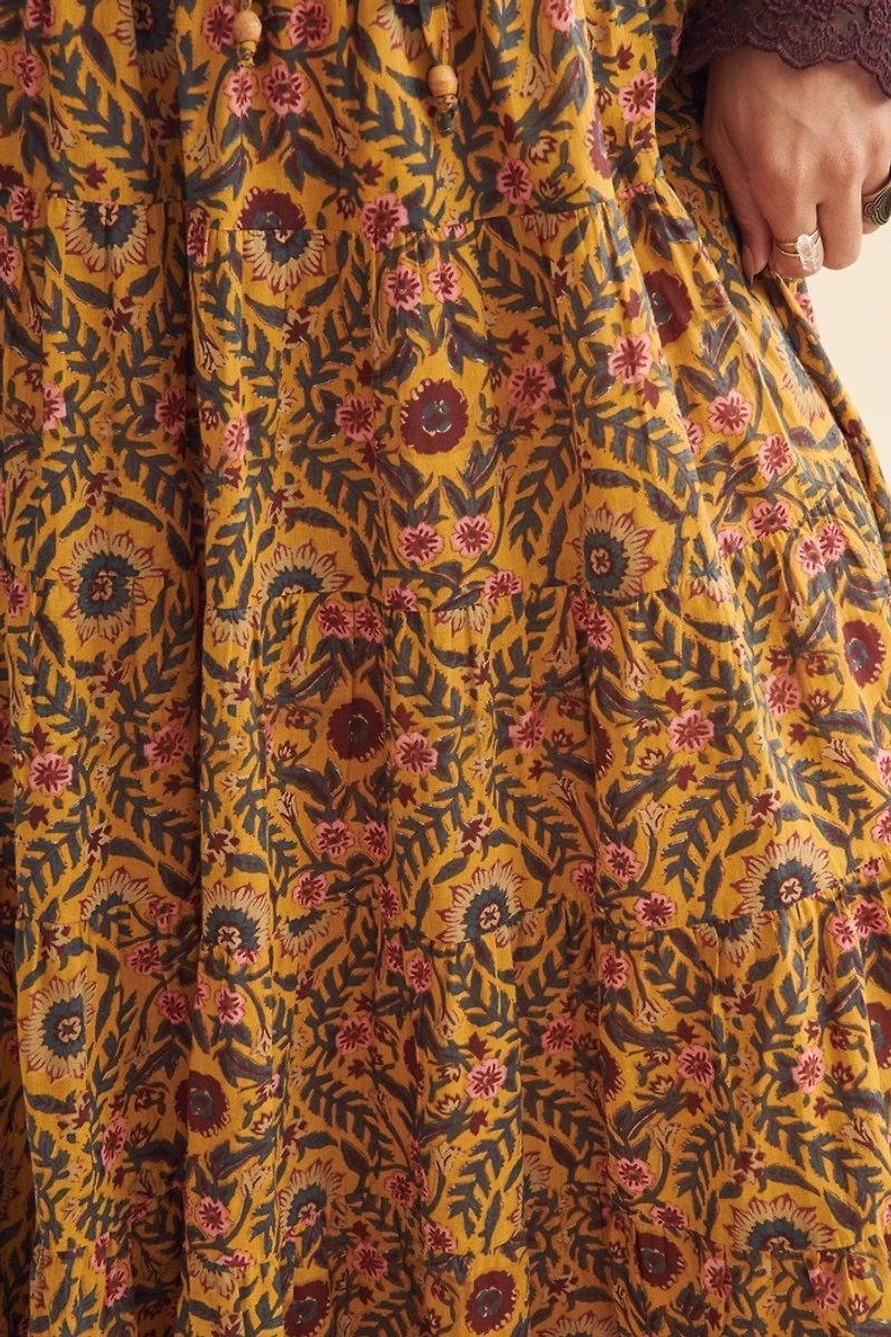 Golden Floral Tiered Maxi Skirt