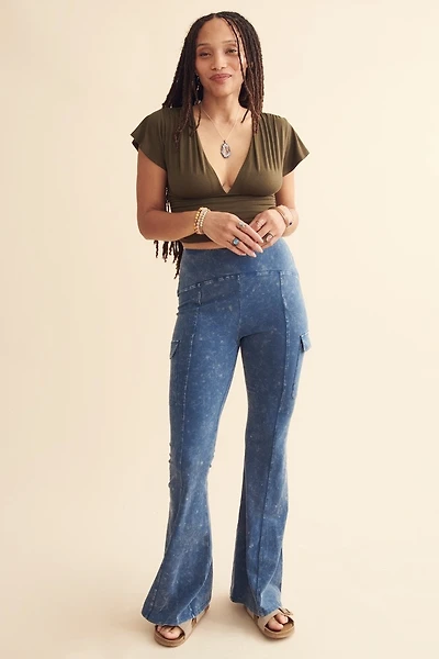 Blue Acid Wash Cargo Flare Pants