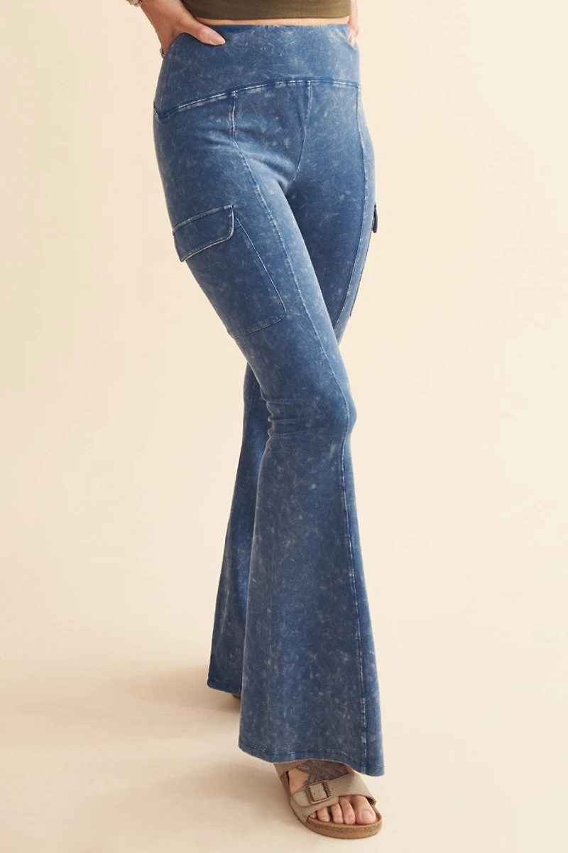 Blue Acid Wash Cargo Flare Pants