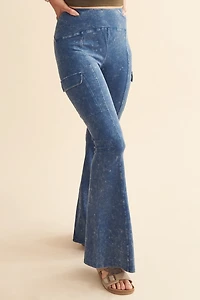 Blue Acid Wash Cargo Flare Pants