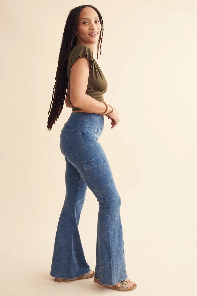 Blue Acid Wash Cargo Flare Pants