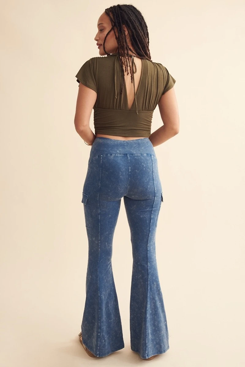 Blue Acid Wash Cargo Flare Pants