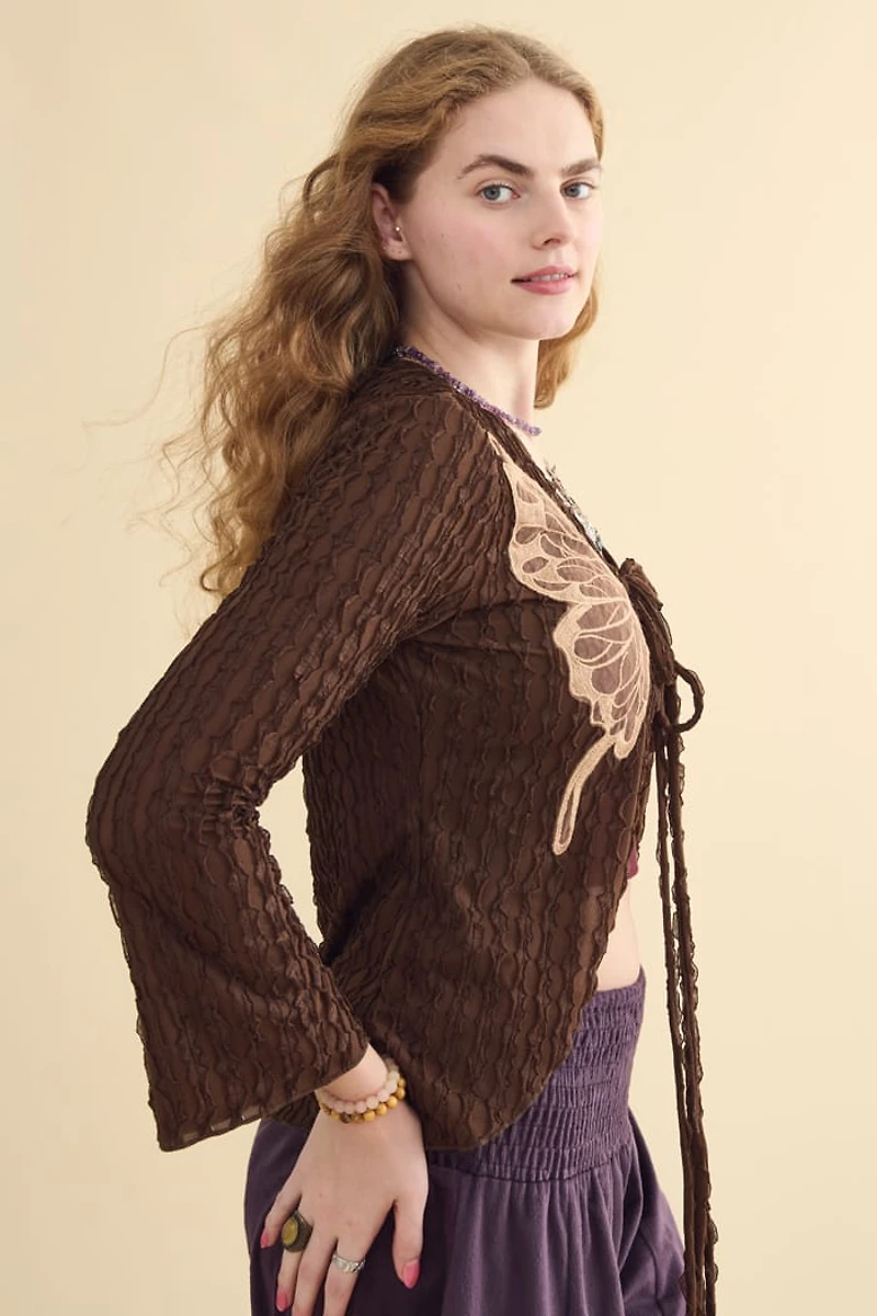 Brown Butterfly Tie Front Top