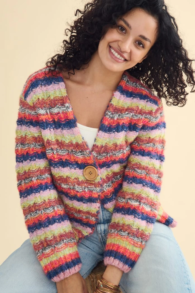 Rainbow Striped Knit Button Cardigan