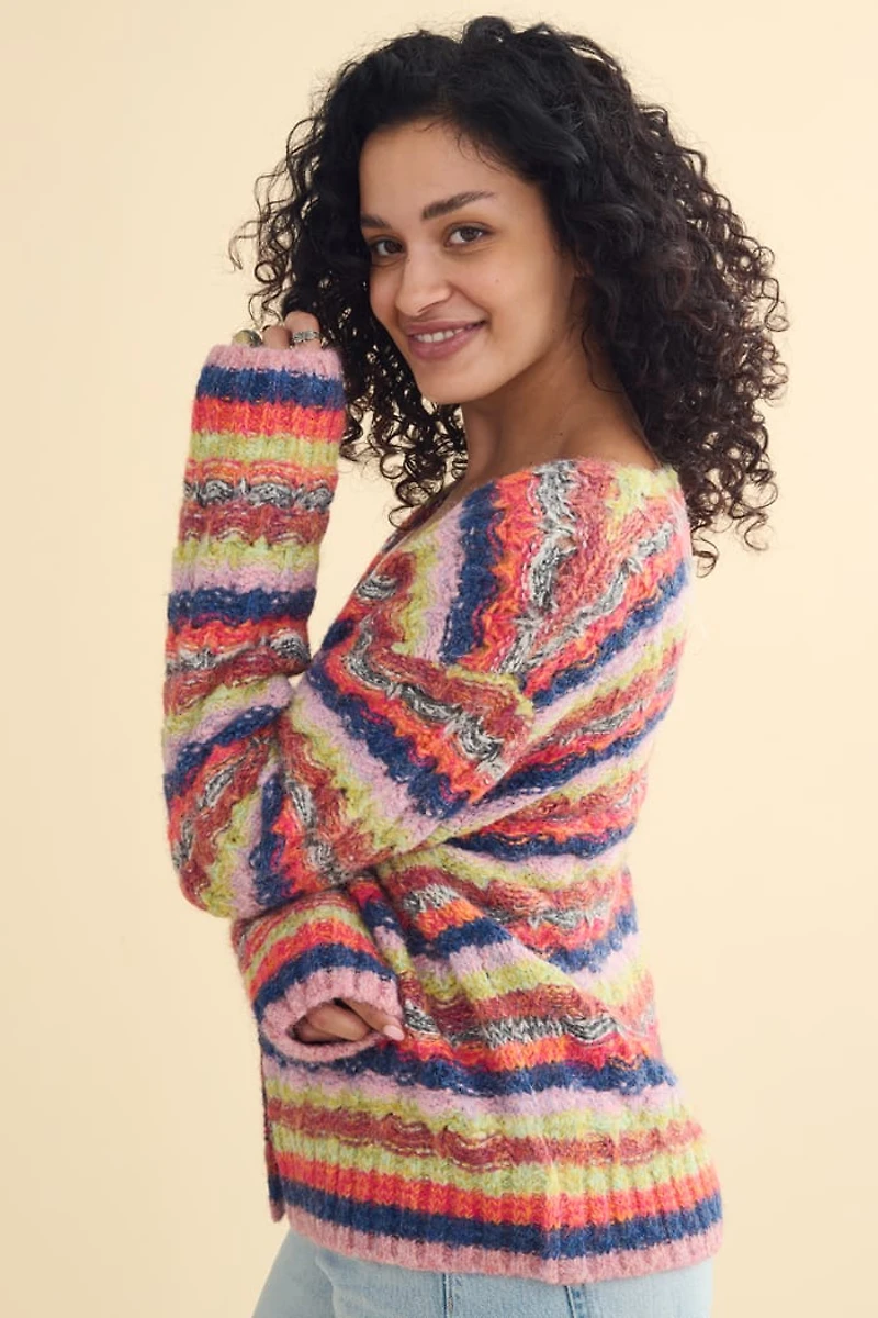 Rainbow Striped Knit Button Cardigan