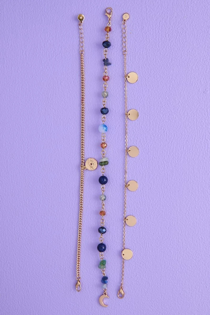 Lapis Lazuli and Green Aventurine Gold Evil Eye Anklet Set